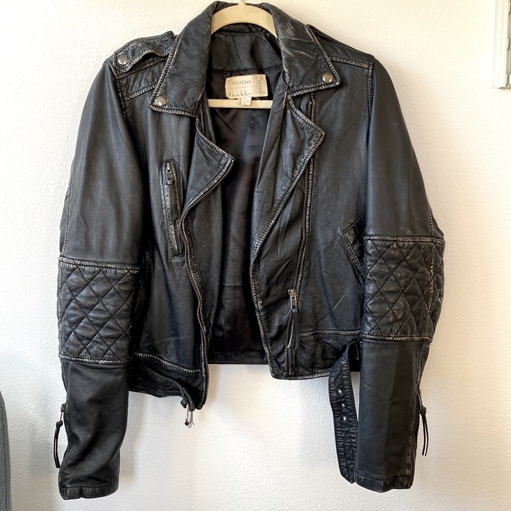 Nicole Miller Quilted Belted Moto Leather Jacket Black Moto Biker